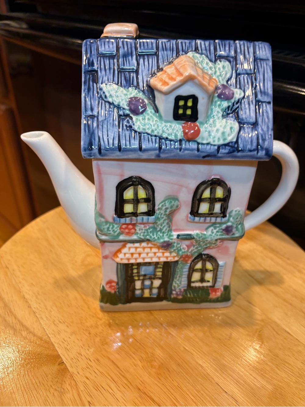 Hand-Painted Ceramic Cottage Teapot in Blue and Pink